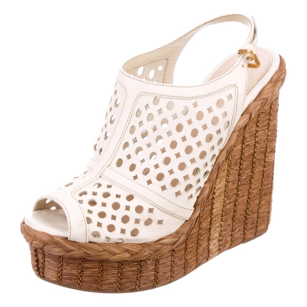 PRADA Leather Wedge Sandals Ivory IT39